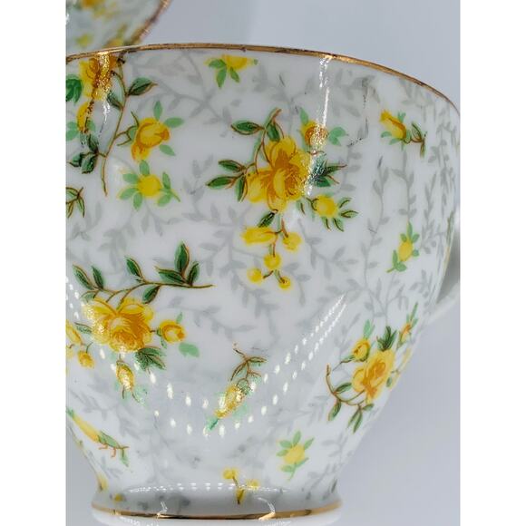 Ries Japan Ceramic Tea Cup & Saucer White Yellow Roses Gray Floral Gold Accents - Picture 7 of 9
